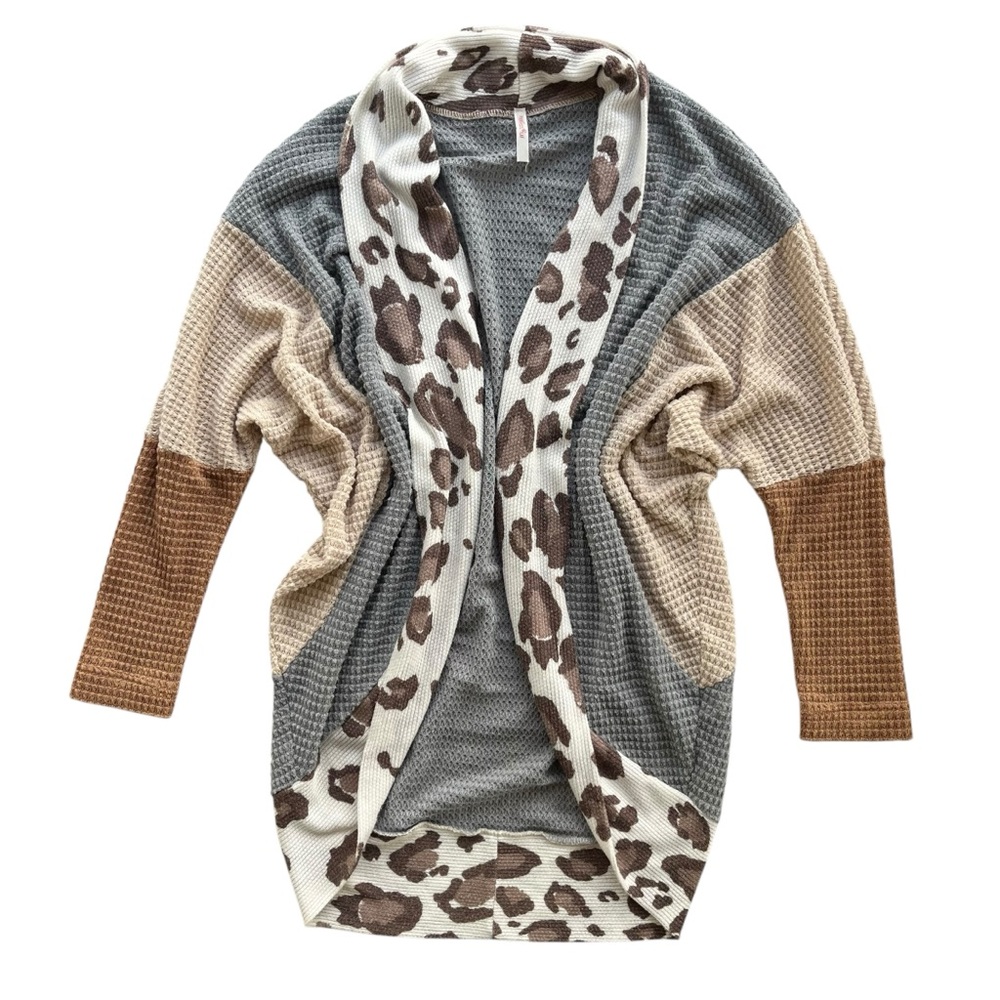 My Story Womens S Brown Tan Gray Leopard Print Waffle Knit Long Sl Open Cardigan
